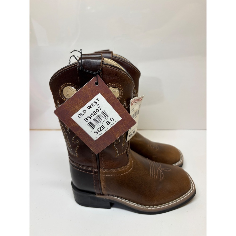 Old West Kids Brown Leather Square Toe Western Cowboy Boots BSI1807 Size 8.0 D